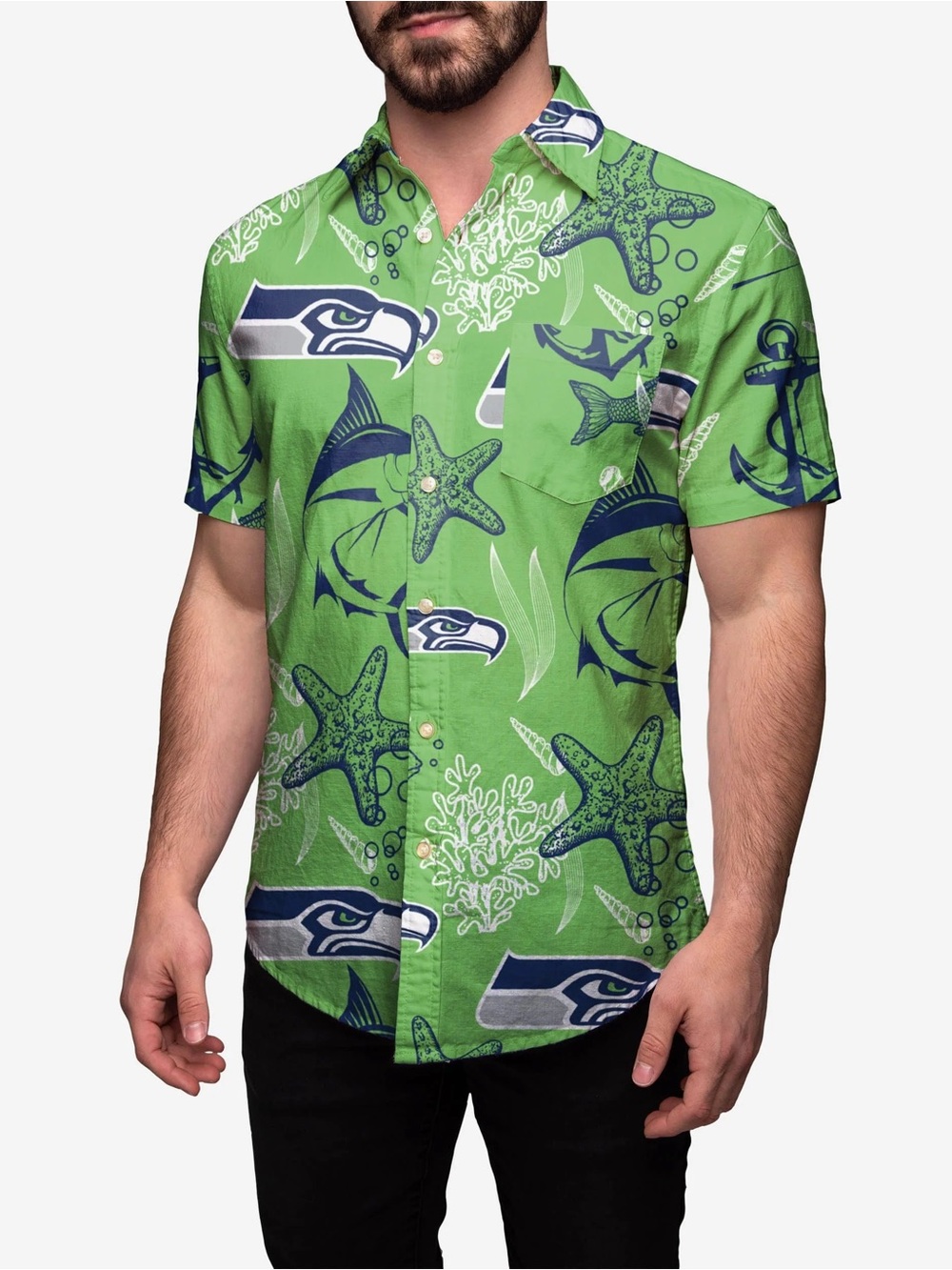FOCO NFL Seattle Seahawks Shirt Hawaiian Graphic Shirt Sleeve Green Blue XL